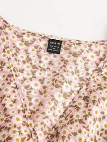 SHEIN Bohemian Pink Short Sleeve Puff Sleeve Dress For Women Featuring V Neck Random Floral Print And Ruffled Hem - Pink - View 4