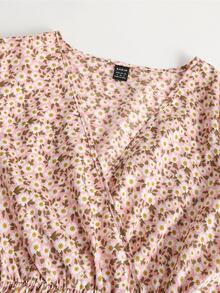 SHEIN Bohemian Pink Short Sleeve Puff Sleeve Dress For Women Featuring V Neck Random Floral Print And Ruffled Hem - Pink - View 7