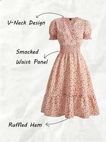 SHEIN Bohemian Pink Short Sleeve Puff Sleeve Dress For Women Featuring V Neck Random Floral Print And Ruffled Hem - Pink - View 8