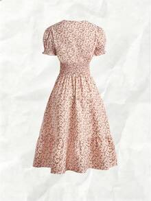 SHEIN Bohemian Pink Short Sleeve Puff Sleeve Dress For Women Featuring V Neck Random Floral Print And Ruffled Hem - Pink - View 2