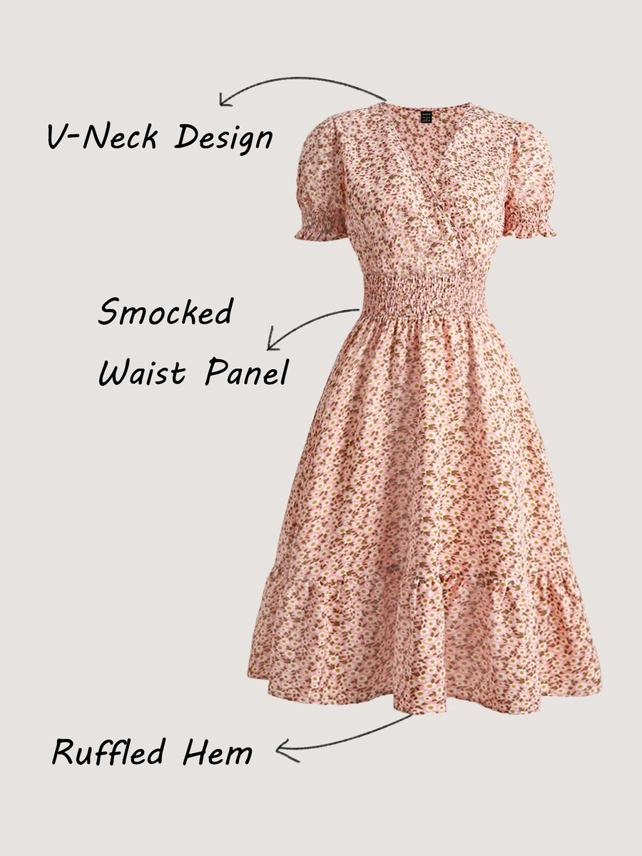 SHEIN Bohemian Pink Short Sleeve Puff Sleeve Dress For Women Featuring V Neck Random Floral Print And Ruffled Hem - Pink - View 1