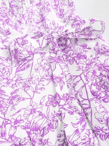 Olithes 女款夏季法式優雅休閒極簡方領泡泡袖收腰短款印花度假洋裝 - 淡紫色 - 查看 5