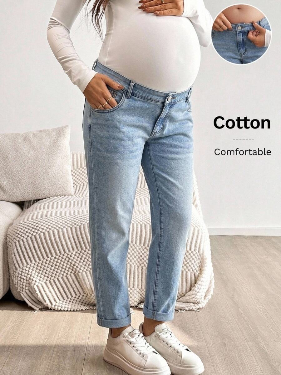 SHEIN 可調腰圍休閒百搭日常孕婦牛仔褲 - 藍色 - 查看 1