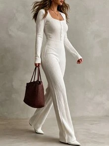 Trelyra Women'S Fall White Square Neck Long-Sleeve Button Wide-Leg Jumpsuit,Ribbed High-Waist Straight Trousers, Occasion Wear For Daily Commute Date - White - View 7