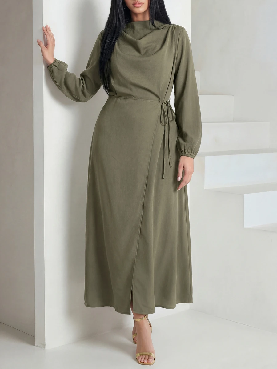 Veilorie Plus Size Solid Green Color Minimalist Pleated Tie-Up Slit Long Sleeve Dress - Army Green - View 1