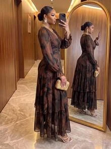 SHEIN Lady 大尺碼女款V領百褶休閒優雅派對晚宴約會正式婚禮賓客禮服 秋季棕色 - 彩色 - 查看 2