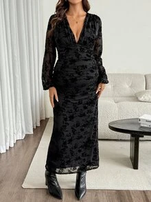 SHEIN Maternity Deep V-Neck Floral Print Ruched Casual Party Dress Fall - Black - View 6