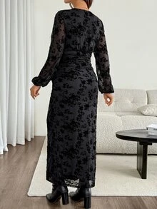 SHEIN Maternity Deep V-Neck Floral Print Ruched Casual Party Dress Fall - Black - View 8