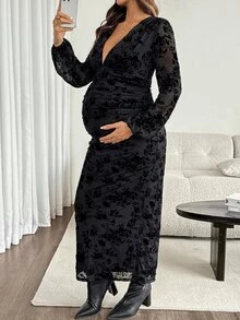 SHEIN Maternity Deep V-Neck Floral Print Ruched Casual Party Dress Fall - Black - View 3