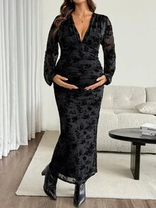 SHEIN Maternity Deep V-Neck Floral Print Ruched Casual Party Dress Fall - Black - View 2