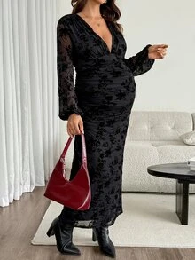 SHEIN Maternity Deep V-Neck Floral Print Ruched Casual Party Dress Fall - Black - View 4