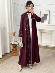 Yasmyna Women's Rhinestone Long Sleeve Loose Long Arabic Abaya - Burgundy - View 4