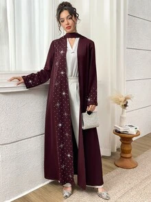 Yasmyna Women's Rhinestone Long Sleeve Loose Long Arabic Abaya - Burgundy - View 5