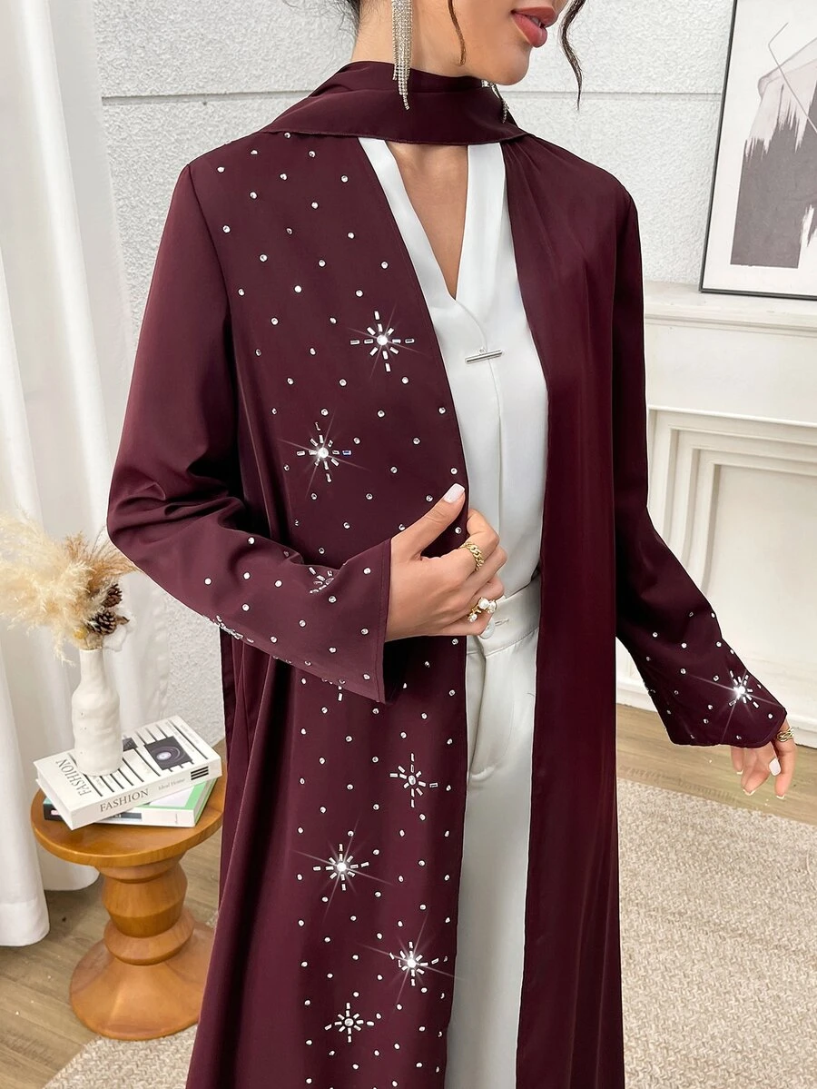 Yasmyna Women's Rhinestone Long Sleeve Loose Long Arabic Abaya - Burgundy - View 1