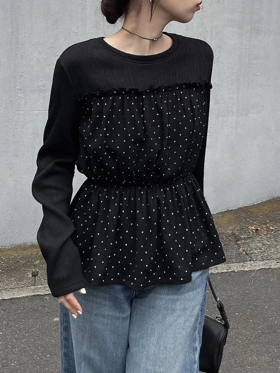 FRIFUL Women's Early Autumn New Korean Style Patchwork Polka Dot Fabric Cinched Waist Ruched T-Shirt - Black - View 1