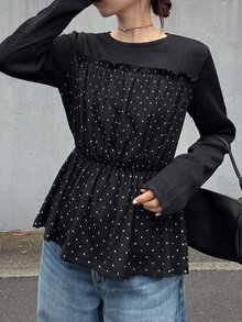 FRIFUL Women's Early Autumn New Korean Style Patchwork Polka Dot Fabric Cinched Waist Ruched T-Shirt - Black - View 5