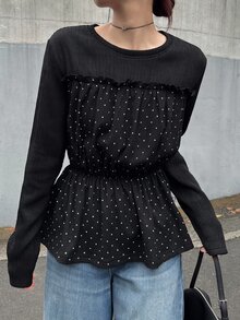 FRIFUL Women's Early Autumn New Korean Style Patchwork Polka Dot Fabric Cinched Waist Ruched T-Shirt - Black - View 7
