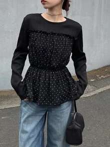 FRIFUL Women's Early Autumn New Korean Style Patchwork Polka Dot Fabric Cinched Waist Ruched T-Shirt - Black - View 6