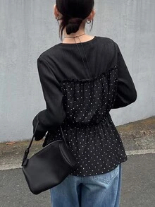FRIFUL Women's Early Autumn New Korean Style Patchwork Polka Dot Fabric Cinched Waist Ruched T-Shirt - Black - View 2