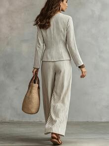 Louniche Women's 2 Pieces Set, Round Neck Striped Linen-Like Casual Long Sleeve Shirt, Comfortable Versatile Home Wear - Multicolor - View 2