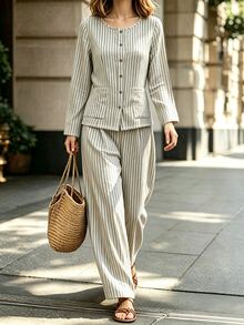Louniche Women's 2 Pieces Set, Round Neck Striped Linen-Like Casual Long Sleeve Shirt, Comfortable Versatile Home Wear - Multicolor - View 4