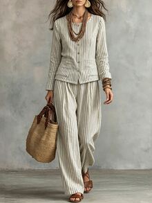 Louniche Women's 2 Pieces Set, Round Neck Striped Linen-Like Casual Long Sleeve Shirt, Comfortable Versatile Home Wear - Multicolor - View 3