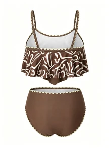 SHEIN Swim Curve 2026 大码女式两件套，米色印花吊带双层荷叶边上衣和高腰荷叶边长裤，夏季海滩度假、派对装扮、优雅女士泳装、女士度假服 - 咖啡棕 - 查看 7