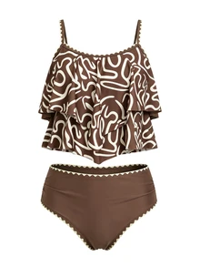 SHEIN Swim Curve 2026 大码女式两件套，米色印花吊带双层荷叶边上衣和高腰荷叶边长裤，夏季海滩度假、派对装扮、优雅女士泳装、女士度假服 - 咖啡棕 - 查看 6