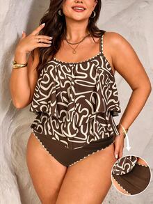 SHEIN Swim Curve 2026 大码女式两件套，米色印花吊带双层荷叶边上衣和高腰荷叶边长裤，夏季海滩度假、派对装扮、优雅女士泳装、女士度假服 - 咖啡棕 - 查看 1