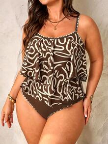 SHEIN Swim Curve 2026 大码女式两件套，米色印花吊带双层荷叶边上衣和高腰荷叶边长裤，夏季海滩度假、派对装扮、优雅女士泳装、女士度假服 - 咖啡棕 - 查看 3