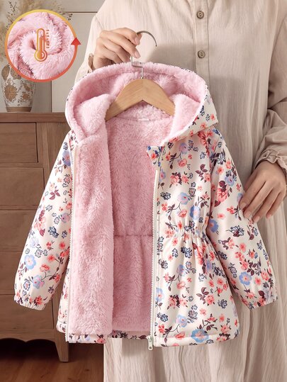 Jaket Bayi Perempuan Motif Bunga Kecil Lembut, Mantel Berkerudung dengan Lapisan Termal dan Pengencang Pinggang, Musim Gugur/Dingin