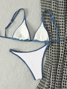 Swim Chiccia Holiday Contrast Color Halter Neck Bikini Set With Edging Detailing, Summer Beach - White - View 5
