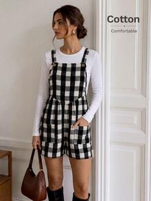 Easowa Women's Plaid Casual Daily Wear Romper - Black and White - View 2