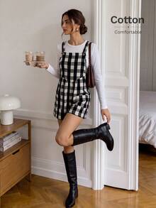 Easowa Women's Plaid Casual Daily Wear Romper - Black and White - View 1