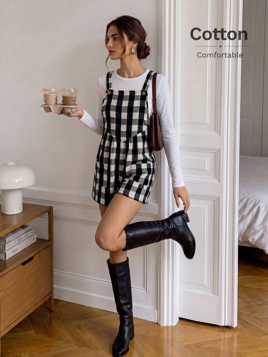 Easowa Women's Plaid Casual Daily Wear Romper - Black and White - View 1