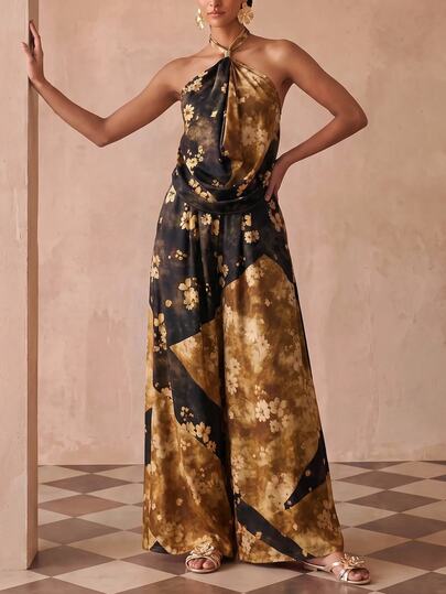 Zivah Floral Patchwork Print Backless Tie Halter Top & Wide Leg Pants Set