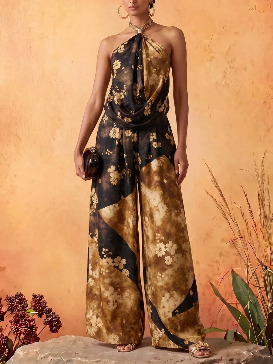 Zivah Floral Patchwork Print Backless Tie Halter Top & Wide Leg Pants Set