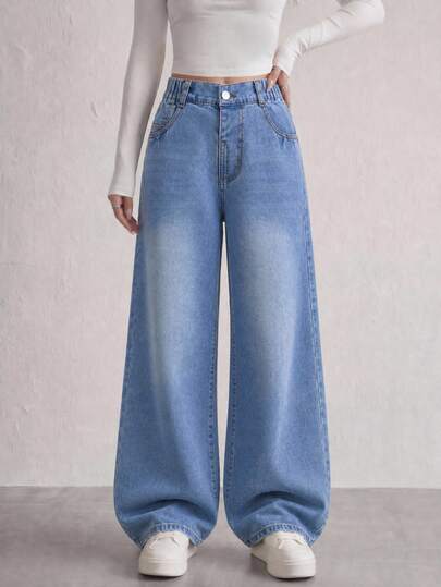 Celana Jeans Denim Longgar Kaki Lebar Gaya Retro untuk Remaja Perempuan, Celana Jeans Kasual Kaki Lurus