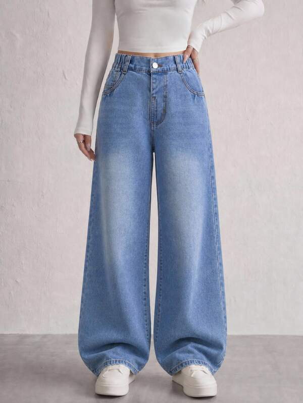 Celana Jeans Denim Longgar Kaki Lebar Gaya Retro untuk Remaja Perempuan, Celana Jeans Kasual Kaki Lurus