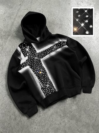 Street Life Herren Dunkler Kreuzdruck Strass Gothic Lockerer Schnitt Hoodie