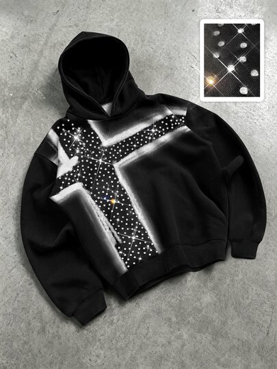 Street Life Men's Dark Cross Print Rhinestone Gothic Loose Fit Hoodie