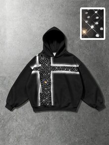 ROMWE MEN Street Life Men's Dark Cross Print Rhinestone Gothic Loose Fit Hoodie - Multicolor - View 1