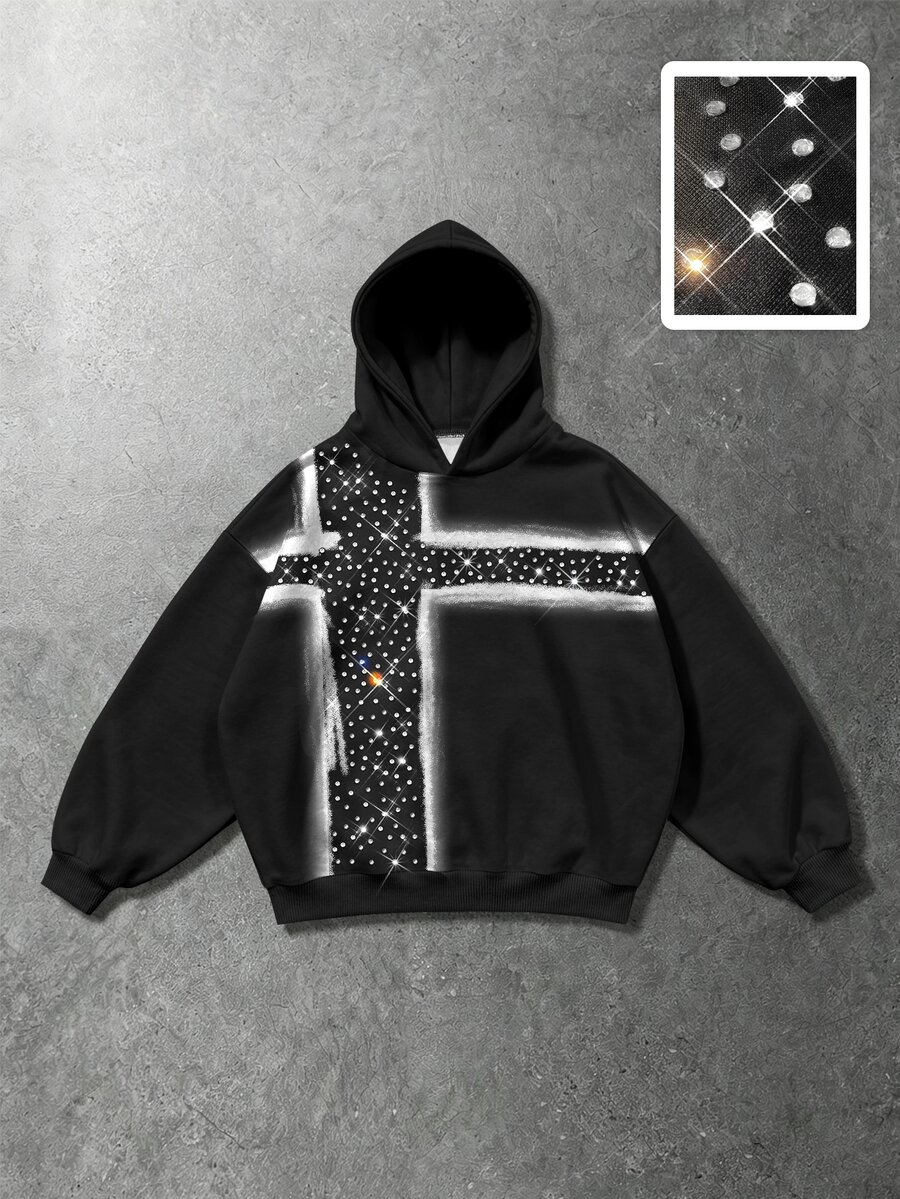 ROMWE MEN Street Life Men's Dark Cross Print Rhinestone Gothic Loose Fit Hoodie - Multicolor - View 1