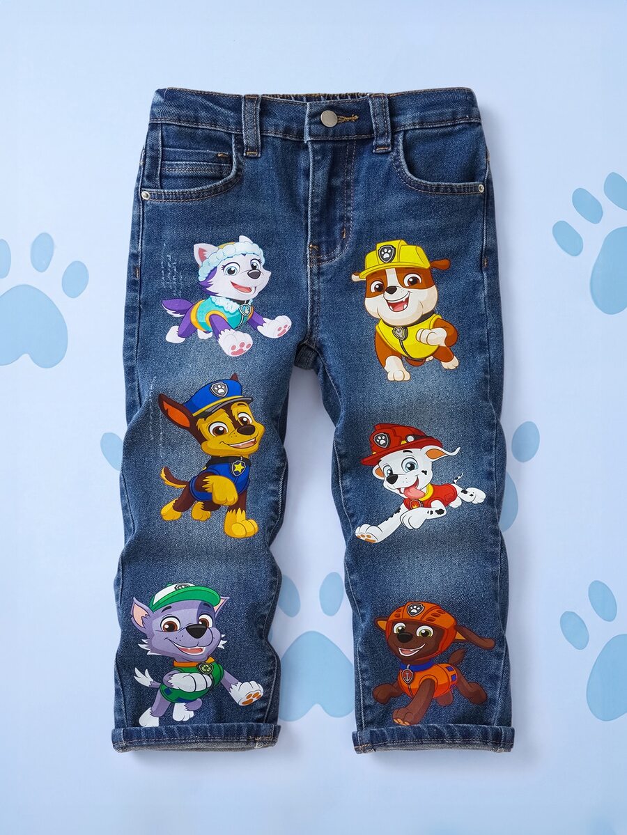 SHEIN | PAW Patrol 小男孩卡通小狗印花口袋拉链休闲牛仔裤 - 藍色 - 查看 1