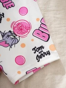 TOM & JERRY X SHEIN 女嬰圓領字母卡通印花短袖上衣與短褲休閒居家睡衣套裝 - 粉色 - 查看 8