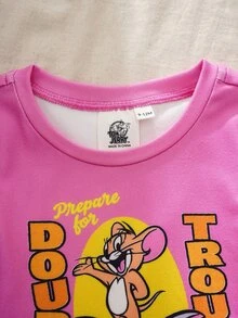 TOM & JERRY X SHEIN 女嬰圓領字母卡通印花短袖上衣與短褲休閒居家睡衣套裝 - 粉色 - 查看 4