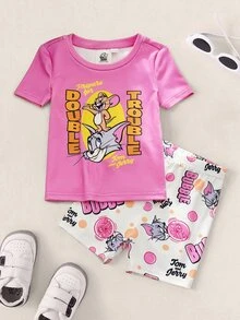 TOM & JERRY X SHEIN 女嬰圓領字母卡通印花短袖上衣與短褲休閒居家睡衣套裝 - 粉色 - 查看 1