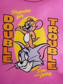 TOM & JERRY X SHEIN 女嬰圓領字母卡通印花短袖上衣與短褲休閒居家睡衣套裝 - 粉色 - 查看 5