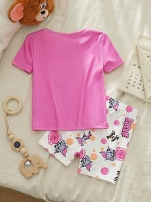 TOM & JERRY X SHEIN 女嬰圓領字母卡通印花短袖上衣與短褲休閒居家睡衣套裝 - 粉色 - 查看 3