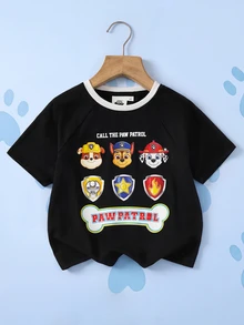SHEIN | PAW Patrol 1pc Fun Casual Style Young Boy Cartoon Print Crew Neck Short Sleeve Raglan T-Shirt - Black and White - View 1